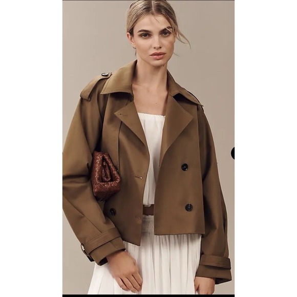 Anthropologie Jackets & Blazers - Anthropologie Trench Jacket Women's Size Large Cropped Coat Moss Khaki Boxy